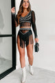 Move To The Beat Rhinestone Mesh Crop Top & Fringe Skirt Two-Piece Set (Black) - NanaMacs