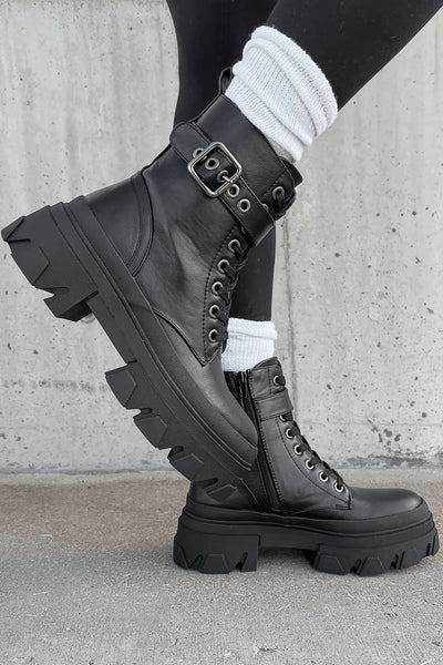 Chain Of Command Faux Leather Combat Booties (Black) - NanaMacs