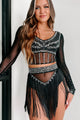 Move To The Beat Rhinestone Mesh Crop Top & Fringe Skirt Two-Piece Set (Black) - NanaMacs