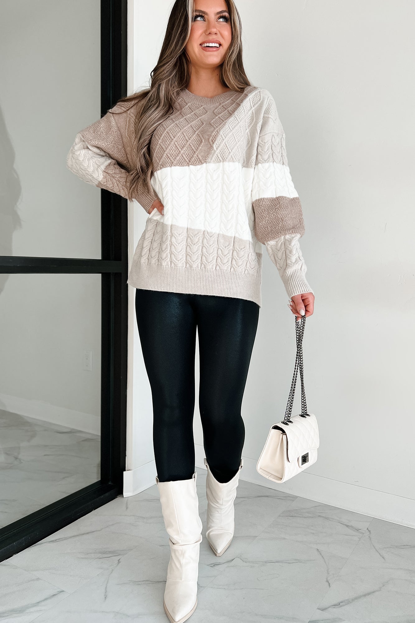 Holding On Tight Colorblock Cable Knit Sweater (Taupe Multi) · NanaMacs