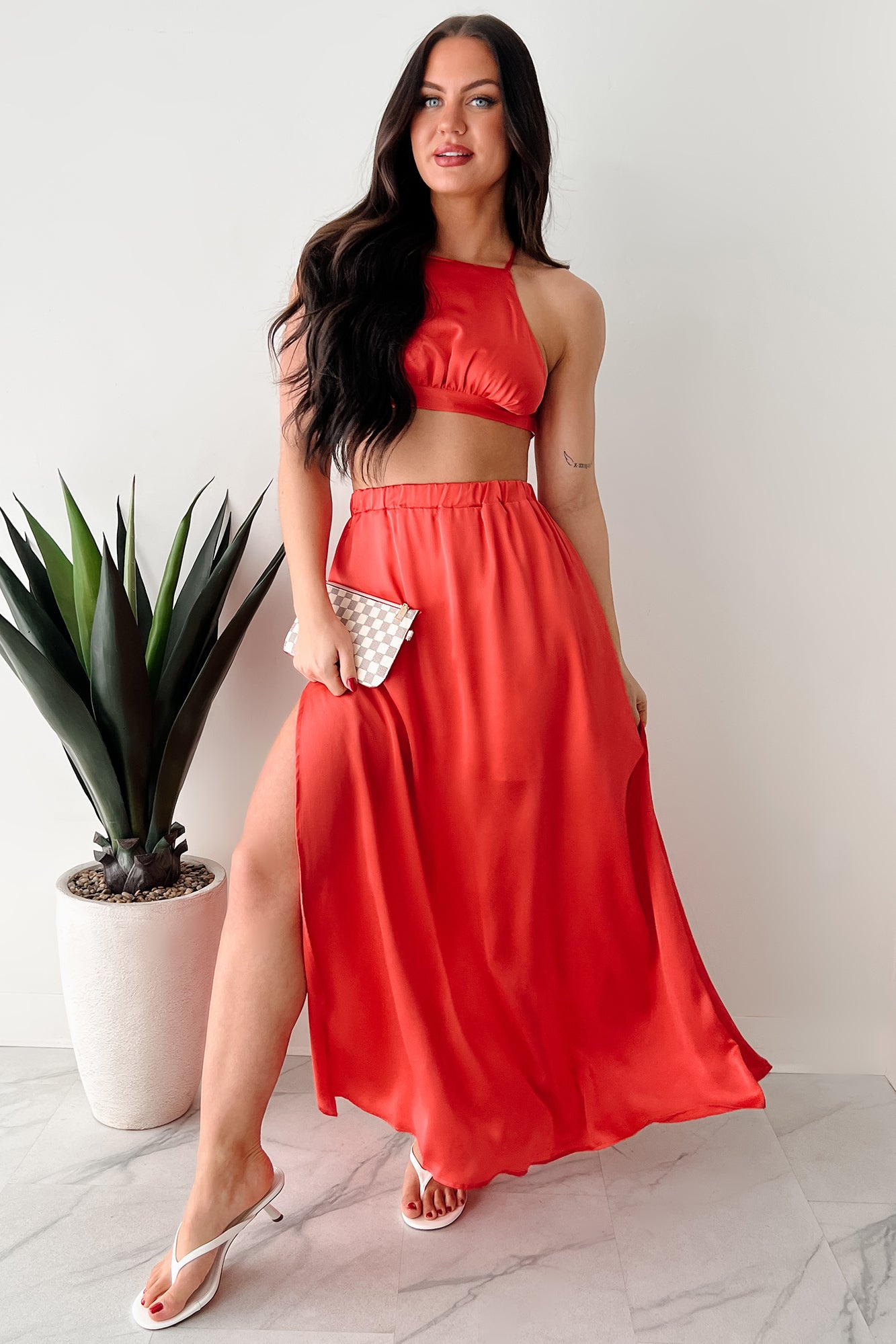 HYFVE Women's Sending Signals Halter Two Piece Maxi Set in Red Orange - Size L HYFVE Women's Sending Signals Halter Two Piece Maxi Set in Red Orange - Size L