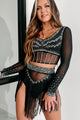 Move To The Beat Rhinestone Mesh Crop Top & Fringe Skirt Two-Piece Set (Black) - NanaMacs