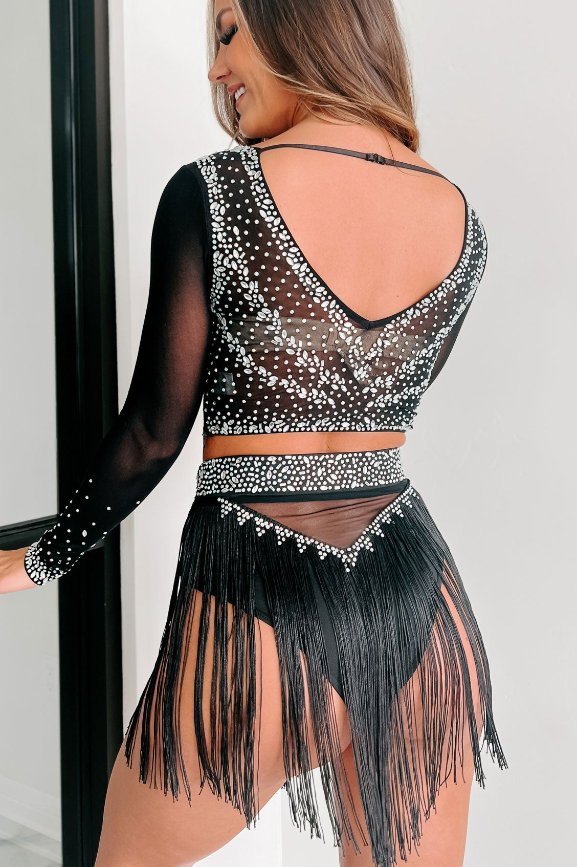 Move To The Beat Rhinestone Mesh Crop Top & Fringe Skirt Two-Piece Set  (Black)