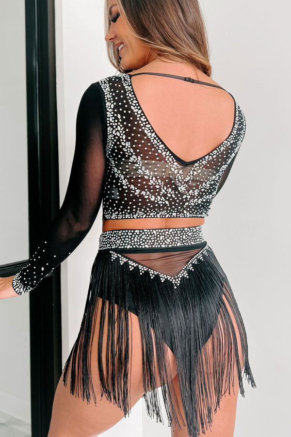 Move To The Beat Rhinestone Mesh Crop Top & Fringe Skirt Two-Piece Set (Black) - NanaMacs