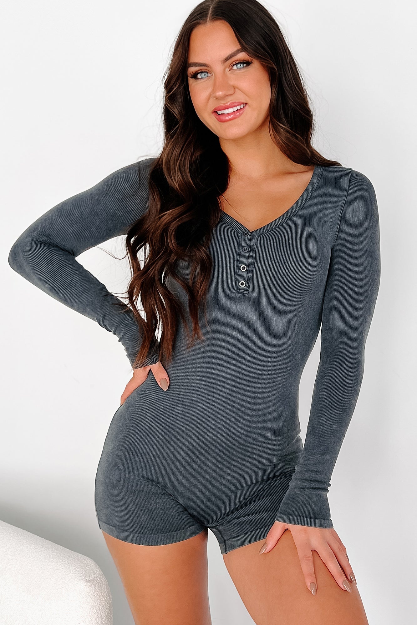 Just Taking Up Space Long Sleeve Buttoned Romper (Black)