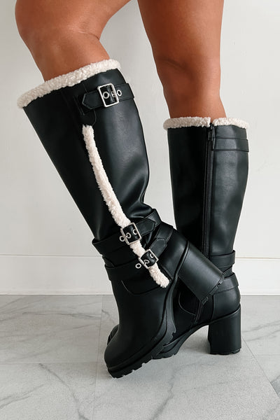 Moscow Sherpa Trim Knee High Platform Boots (Black) - NanaMacs