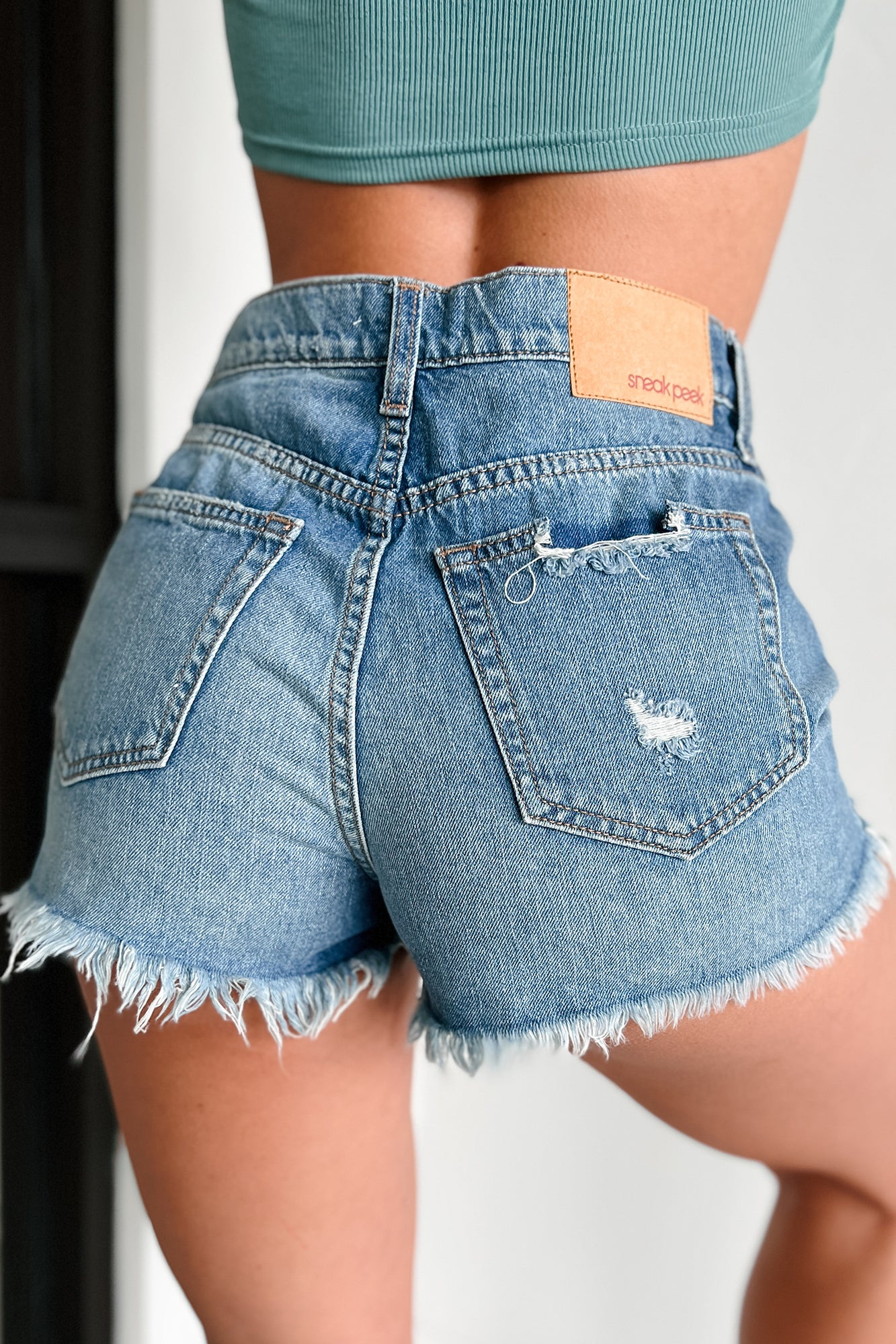 Charity High Rise Distressed Sneak Peek Denim Shorts (Medium Vintage) - NanaMacs