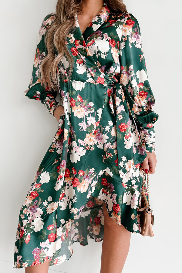 Tempting Sight Satin Floral Wrap Dress (Teal) - NanaMacs