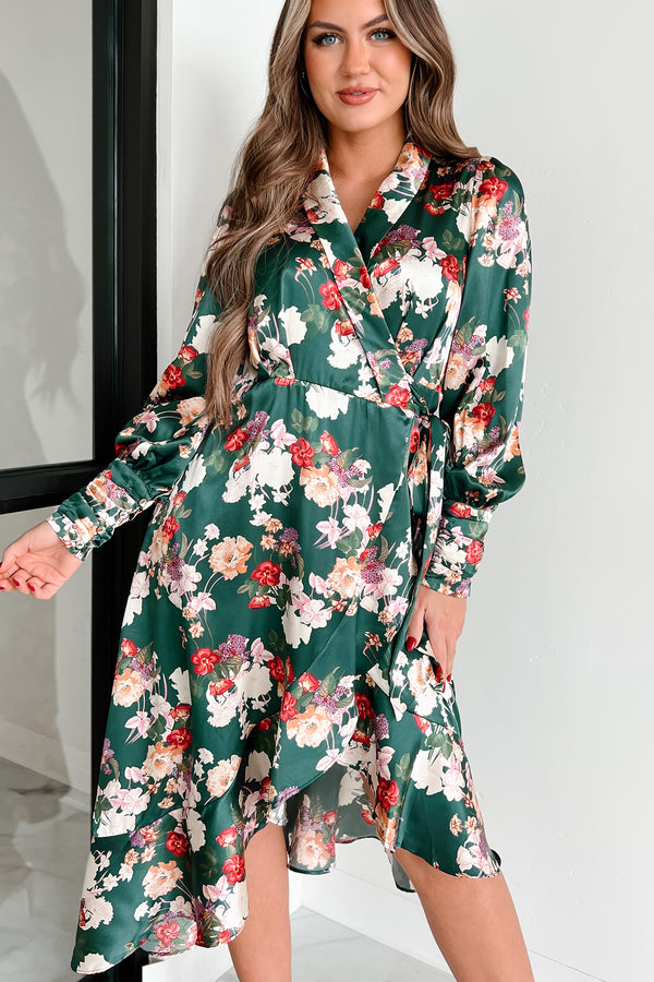 Tempting Sight Satin Floral Wrap Dress (Teal) - NanaMacs