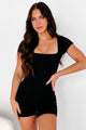 The Waiting Game Ribbed Square Neck Romper (Black) - NanaMacs