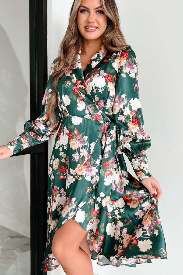 Tempting Sight Satin Floral Wrap Dress (Teal) - NanaMacs