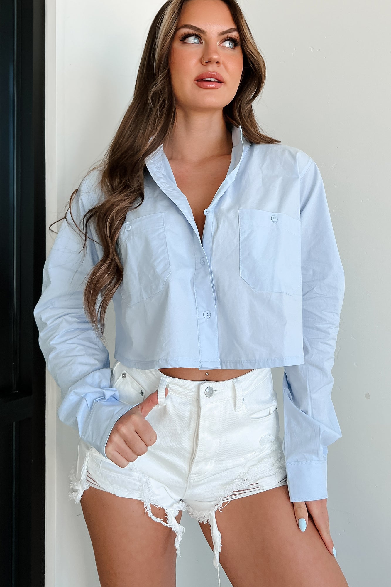 Theadora Oversized Cropped Button-Down Top (Blue) - NanaMacs