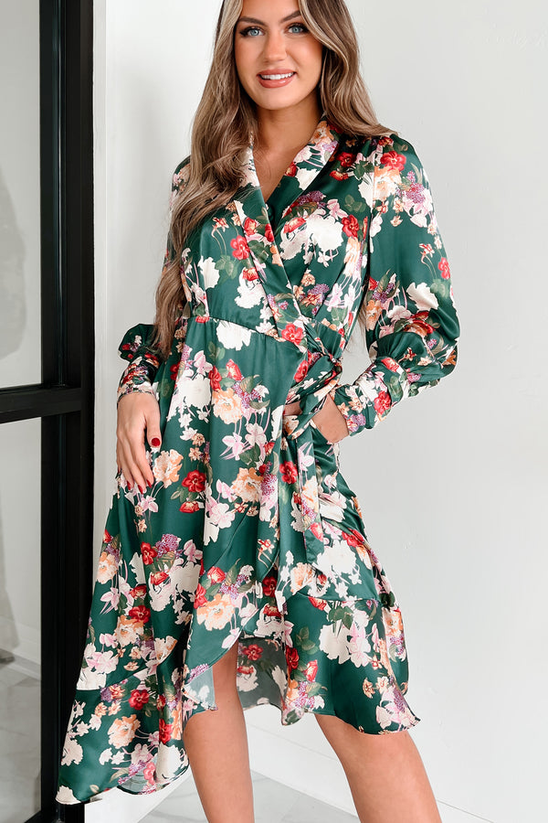 Tempting Sight Satin Floral Wrap Dress (Teal) - NanaMacs