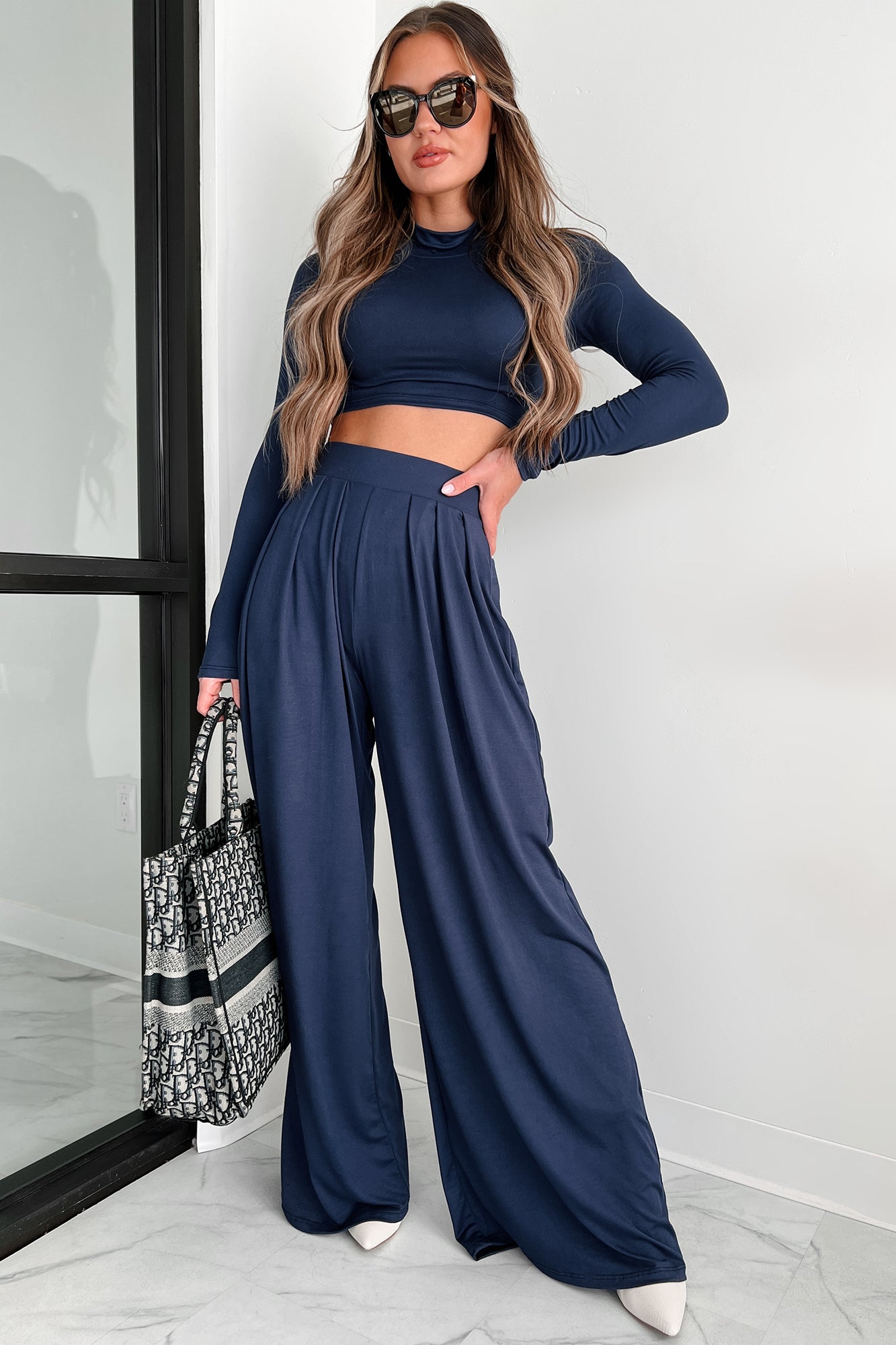 Faded Dreams Long Sleeve Crop Top & Pant Set (Navy) - NanaMacs