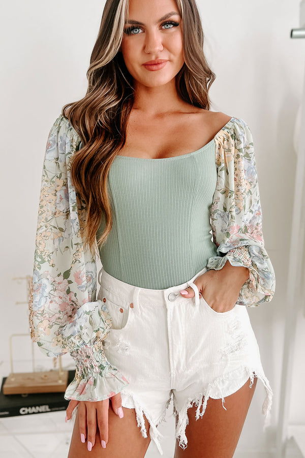 Blossoming Love Affair Floral Sleeve Bodysuit (Deep Sage) - NanaMacs