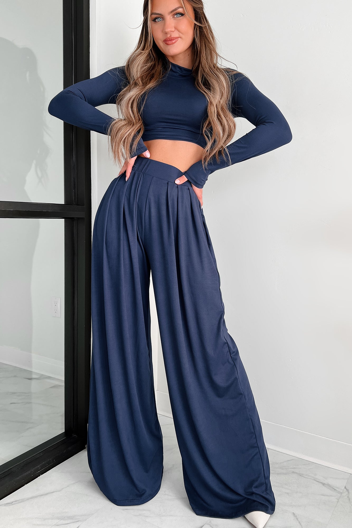 Faded Dreams Long Sleeve Crop Top & Pant Set (Navy) - NanaMacs