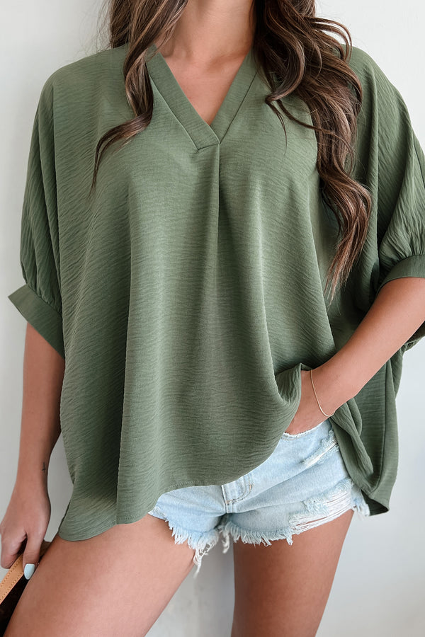 Office Chats Oversized V-Neck Blouse (Light Olive) - NanaMacs