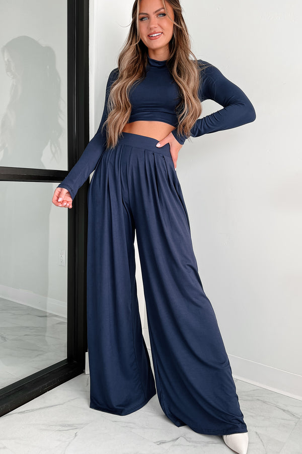 Faded Dreams Long Sleeve Crop Top & Pant Set (Navy) - NanaMacs