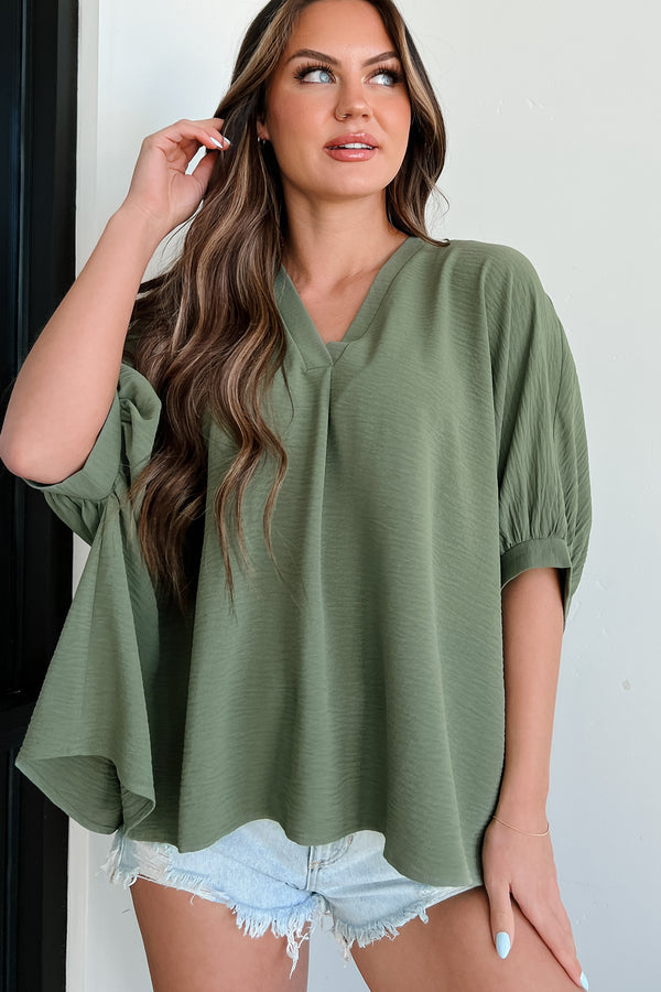 Office Chats Oversized V-Neck Blouse (Light Olive) - NanaMacs