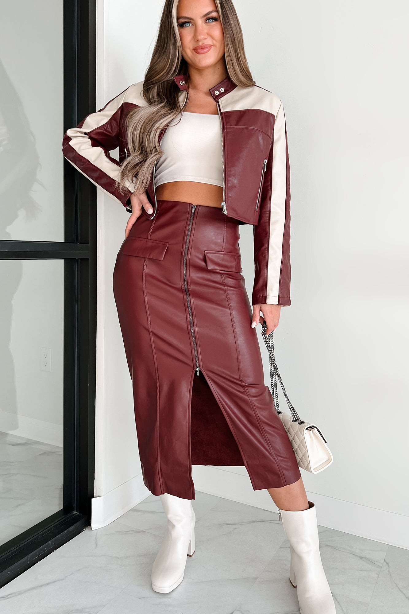 Loose Cannon Zip Front Faux Leather Midi Skirt (Red Wine) - NanaMacs