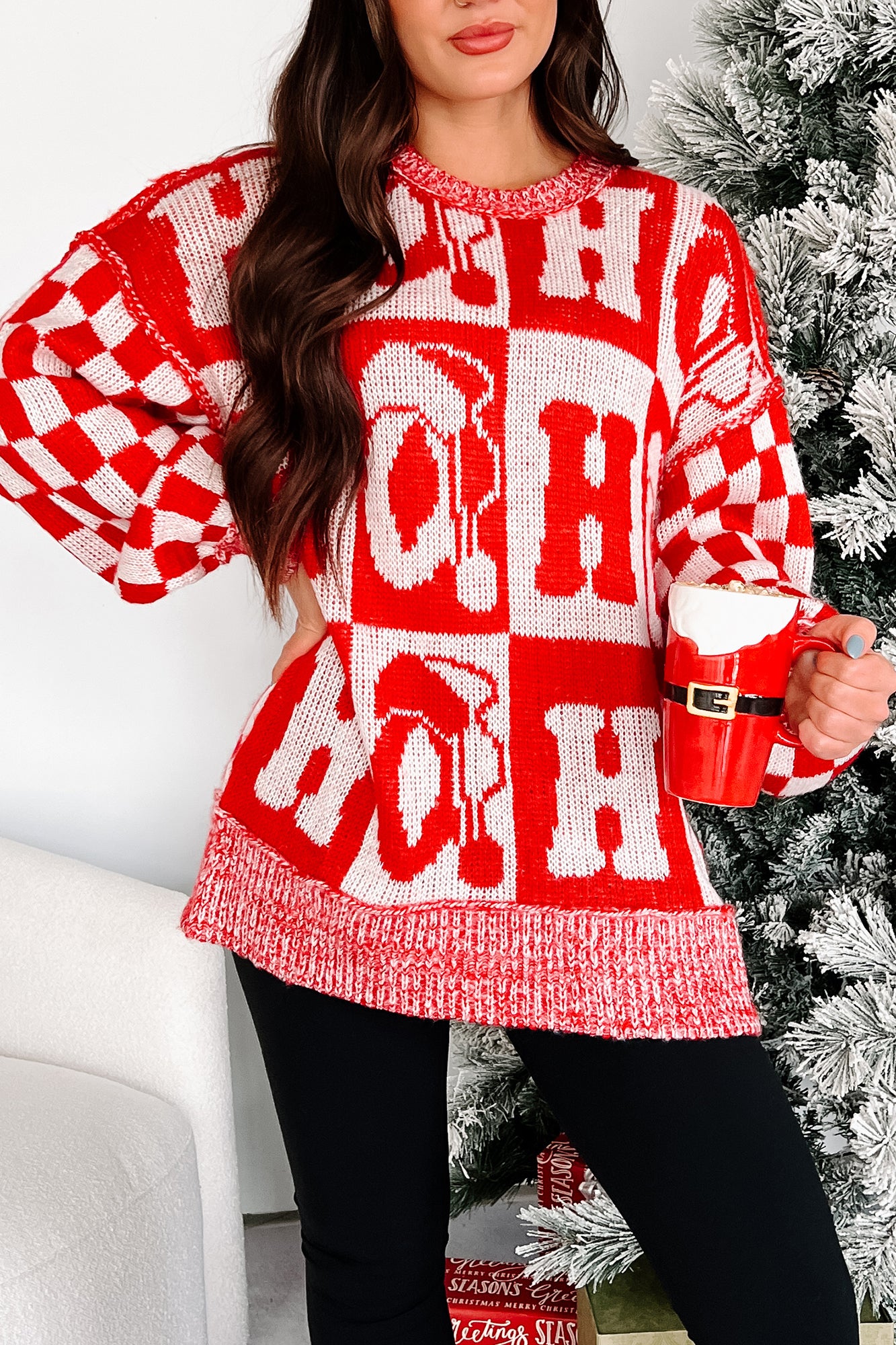 On The Nice List Checkered Sleeve Holiday Sweater (Red) - NanaMacs