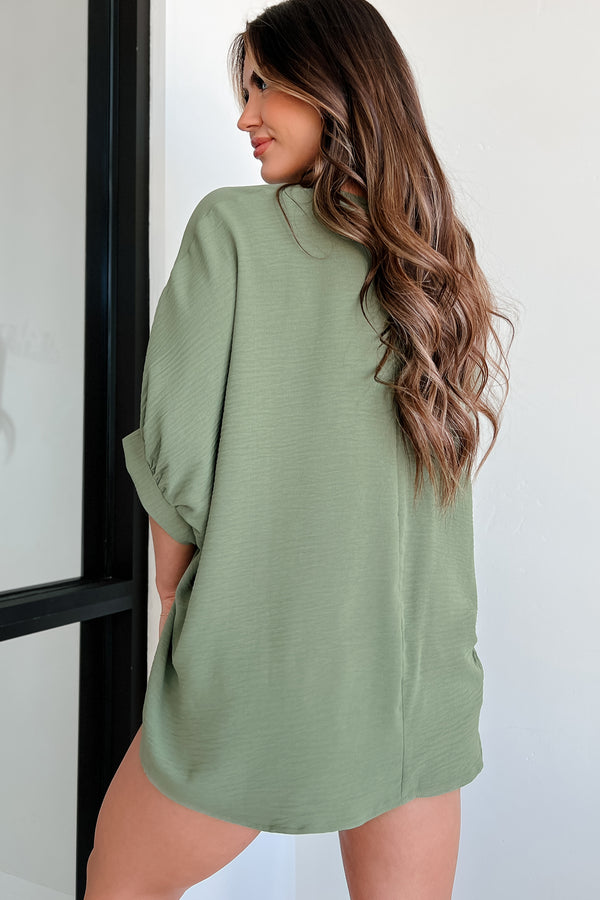 Office Chats Oversized V-Neck Blouse (Light Olive) - NanaMacs