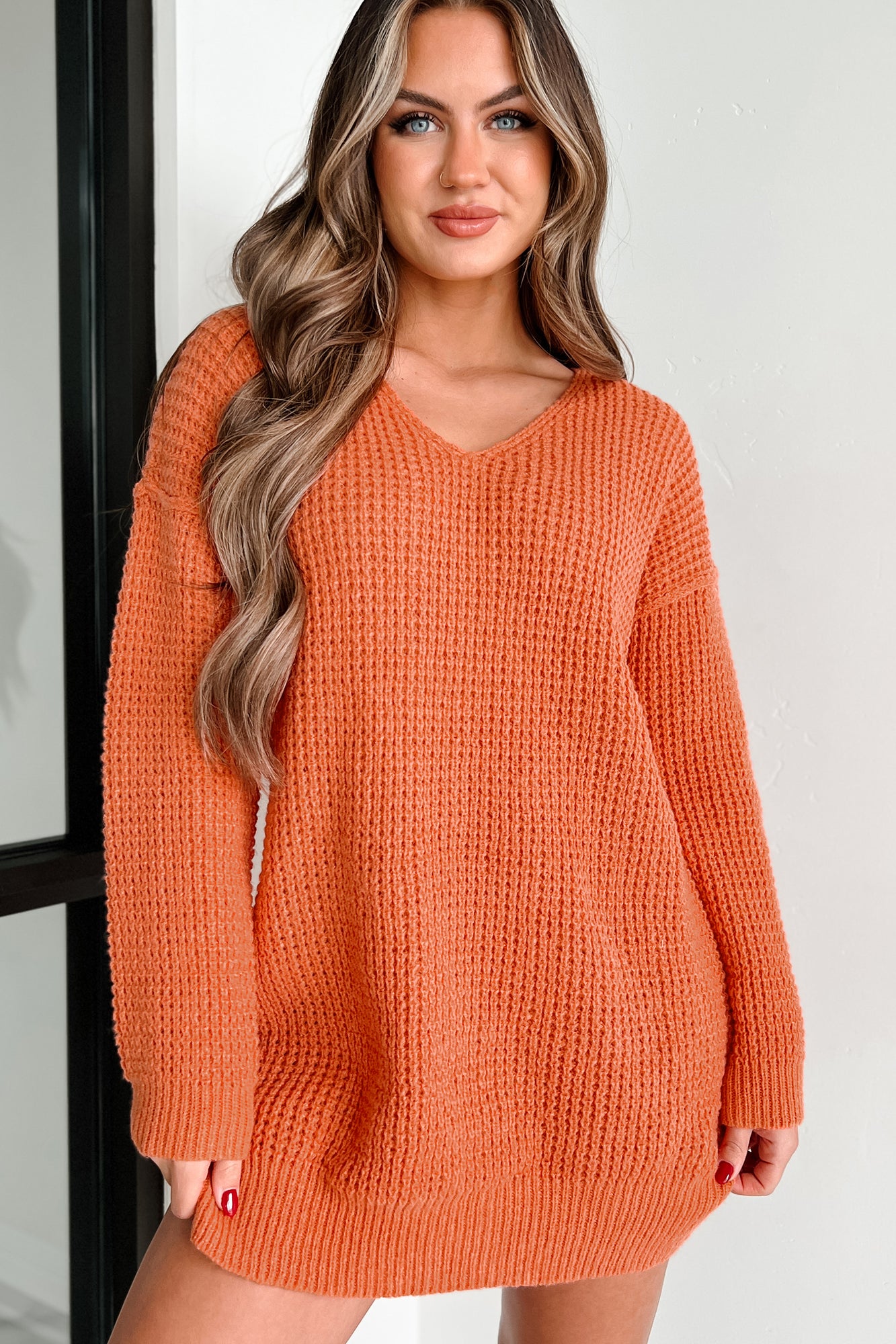 Striving For Greatness V-Neck Tunic Sweater (Carrot) - NanaMacs