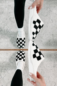 The Cozy Life Fuzzy Checker Slippers (Black/White) - NanaMacs