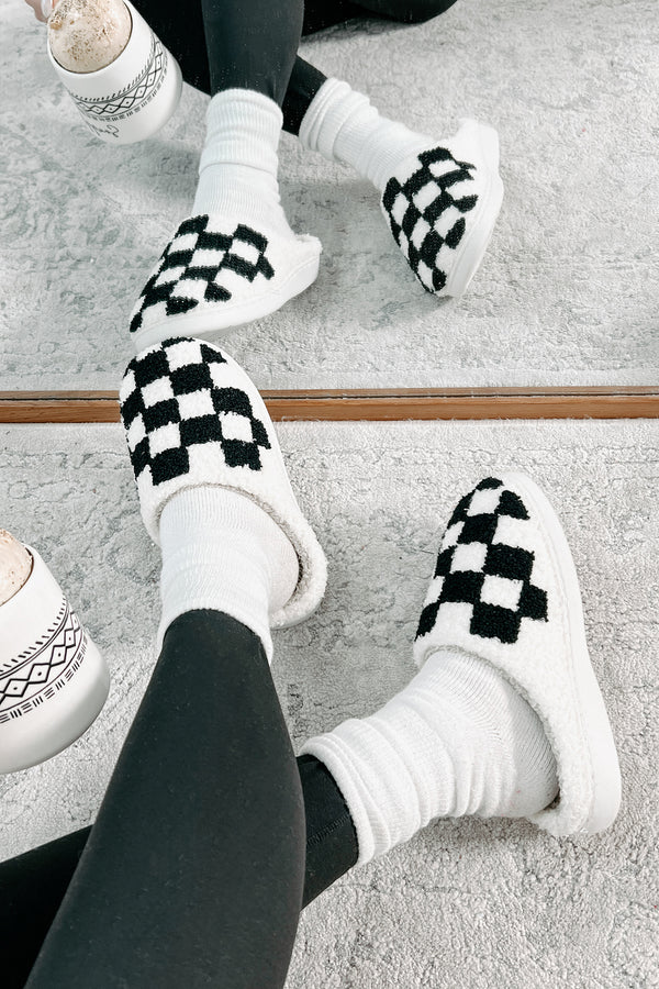 The Cozy Life Fuzzy Checker Slippers (Black/White) - NanaMacs