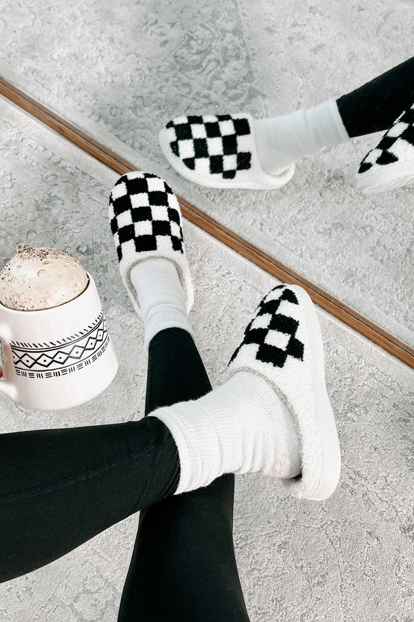 The Cozy Life Fuzzy Checker Slippers (Black/White) - NanaMacs