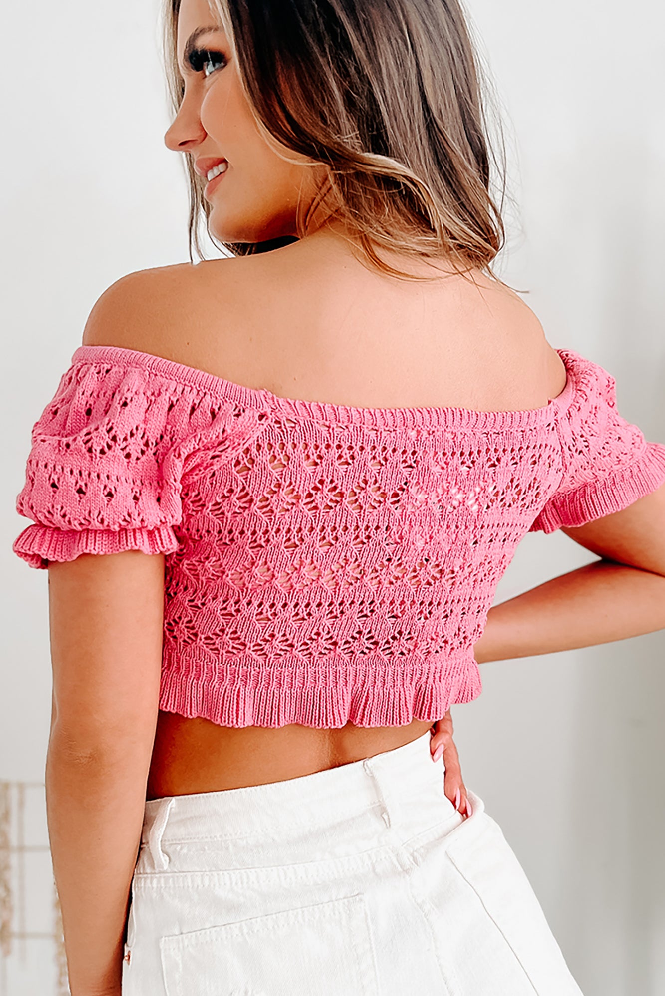 Preslina Crochet Knit Peplum Crop Top (Pink) - NanaMacs