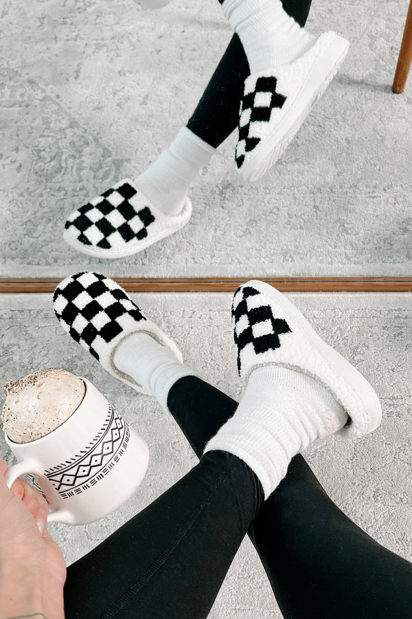 The Cozy Life Fuzzy Checker Slippers (Black/White) - NanaMacs