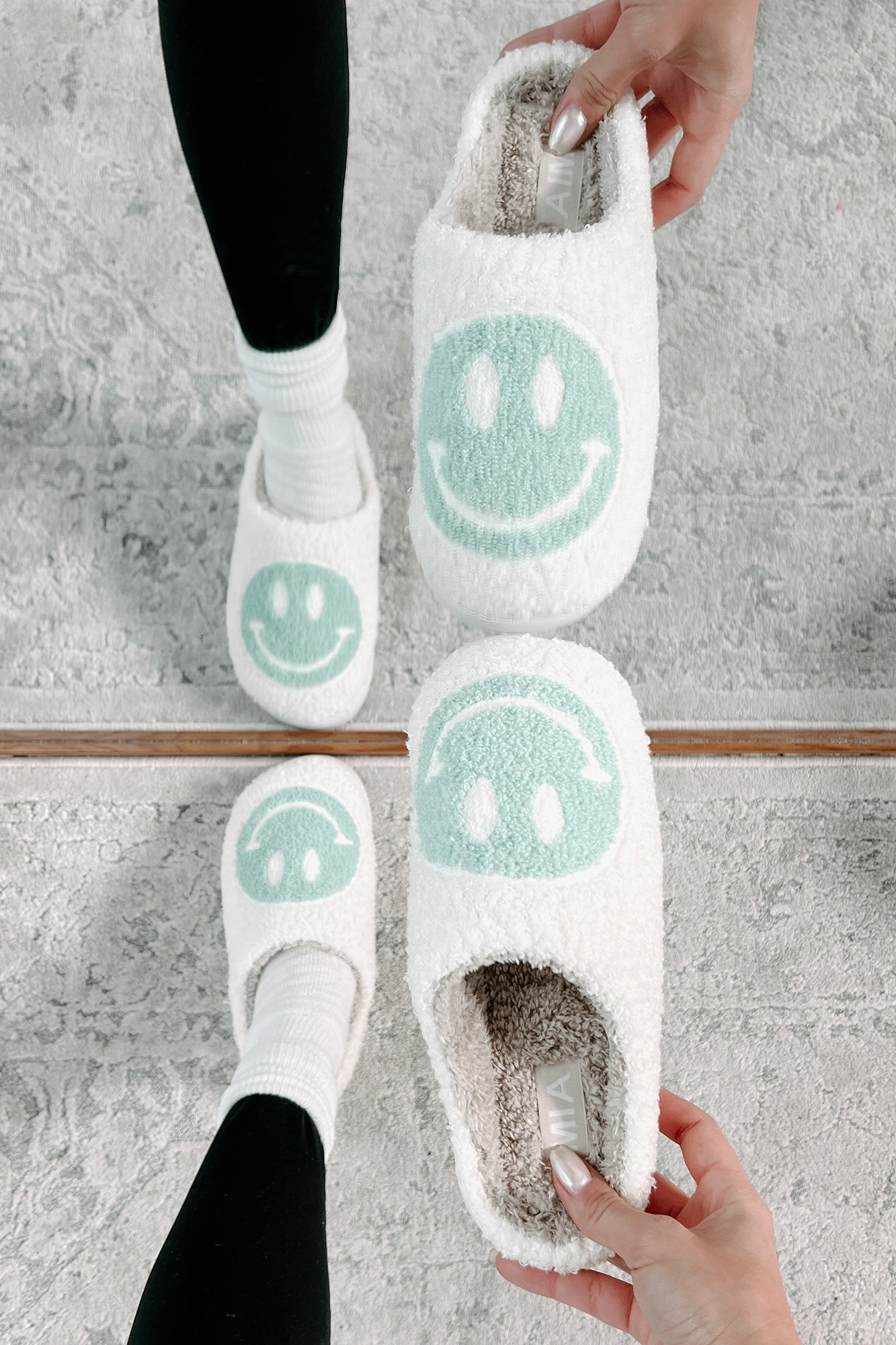 The Cozy Life Fuzzy Happy Face Slippers (Sage/White) - NanaMacs