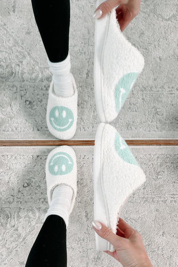 The Cozy Life Fuzzy Happy Face Slippers (Sage/White) - NanaMacs