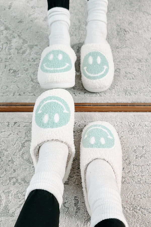 The Cozy Life Fuzzy Happy Face Slippers (Sage/White) - NanaMacs