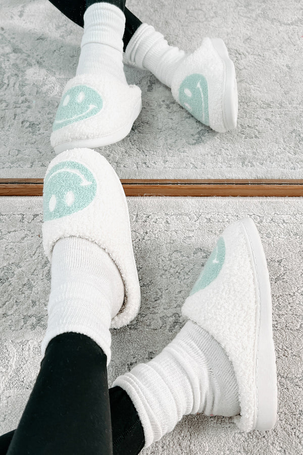 The Cozy Life Fuzzy Happy Face Slippers (Sage/White) - NanaMacs