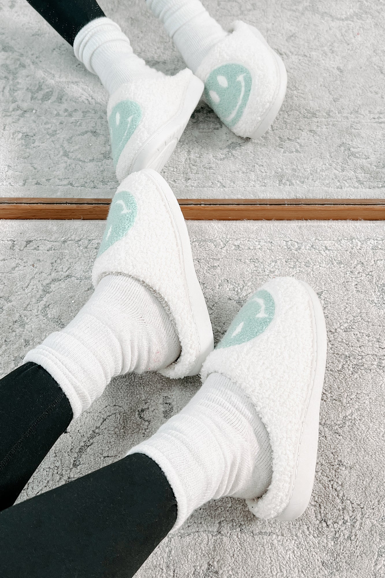 The Cozy Life Fuzzy Happy Face Slippers (Sage/White) - NanaMacs