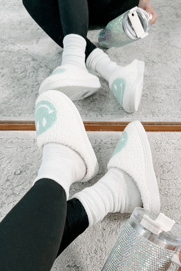 The Cozy Life Fuzzy Happy Face Slippers (Sage/White) - NanaMacs