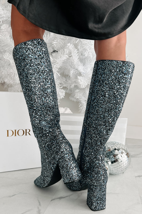 Flashy Finds Glitter Knee High Boots (Sapphire Blue Glitter) - NanaMacs