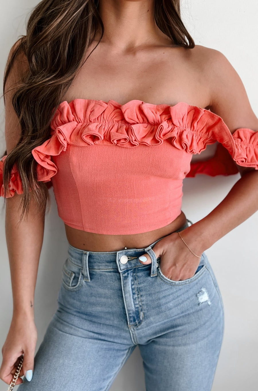 Chic Exit Ruffled Tie-Back Crop Top (Coral PInk)