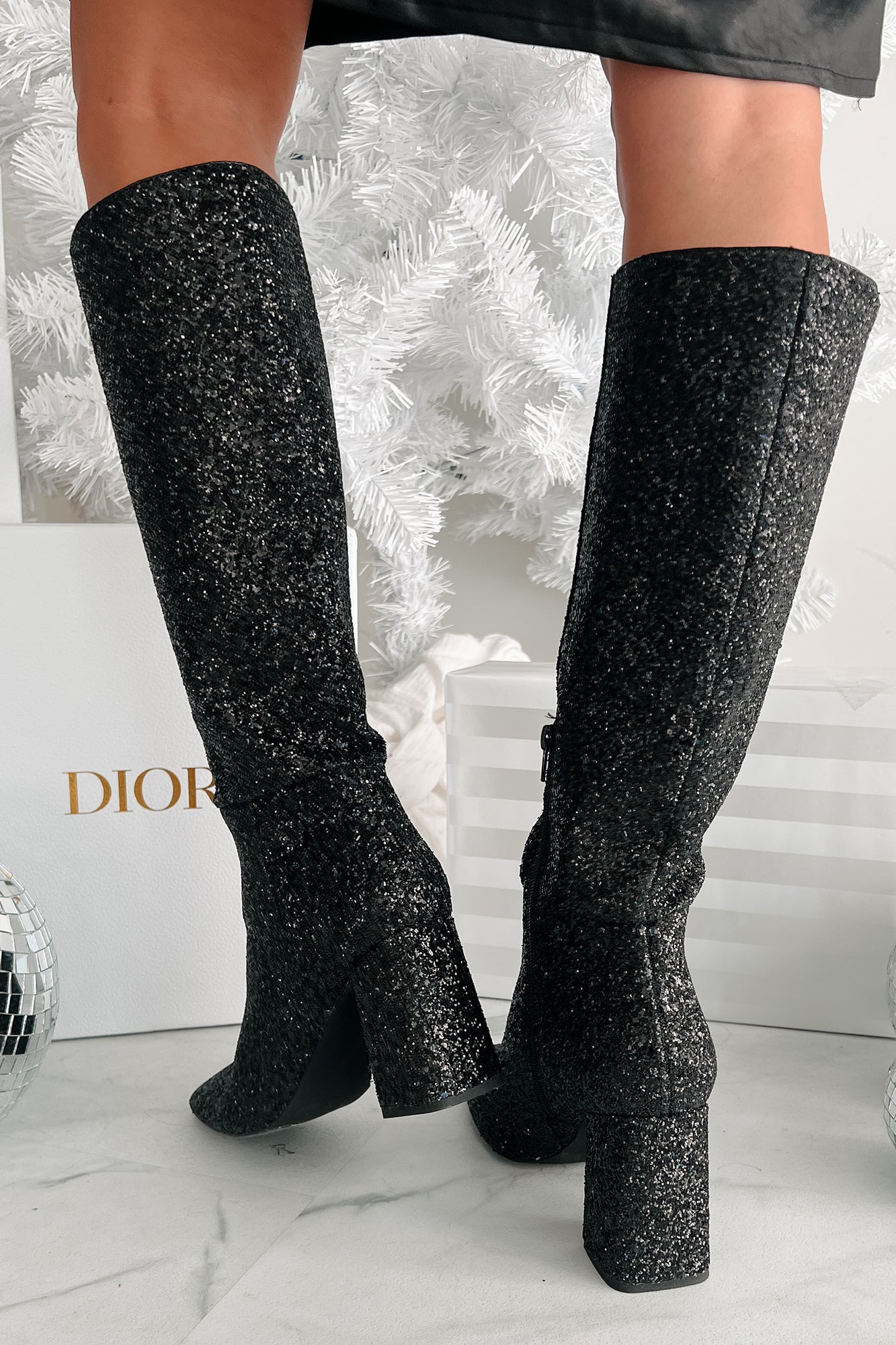 Black glitter knee sales high boots