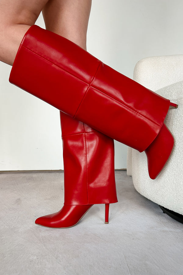 Fiery Confidence Fold Over Knee High Boots (Red Pu) - NanaMacs