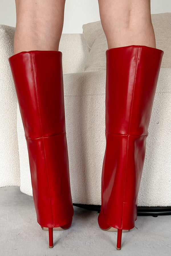 Fiery Confidence Fold Over Knee High Boots (Red Pu) - NanaMacs