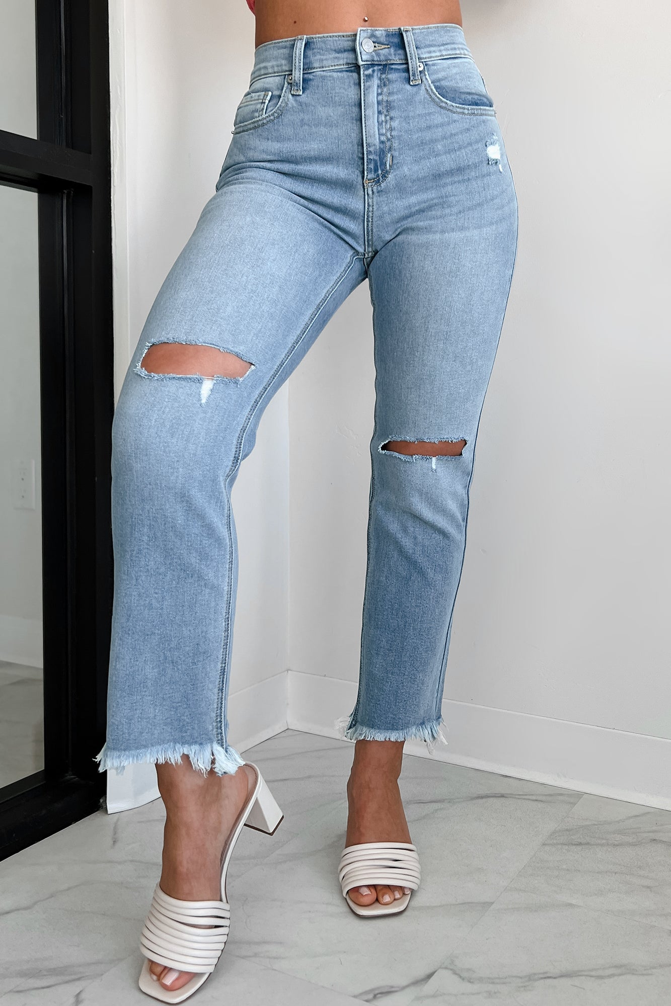 Effie High Rise Distressed Sneak Peek Straight Leg Jeans (Light) - NanaMacs