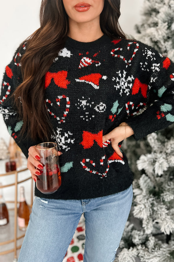 Just Christmas Things Oversized Holiday Sweater (Black Multi) - NanaMacs