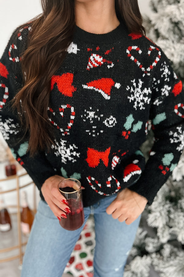 Just Christmas Things Oversized Holiday Sweater (Black Multi) - NanaMacs