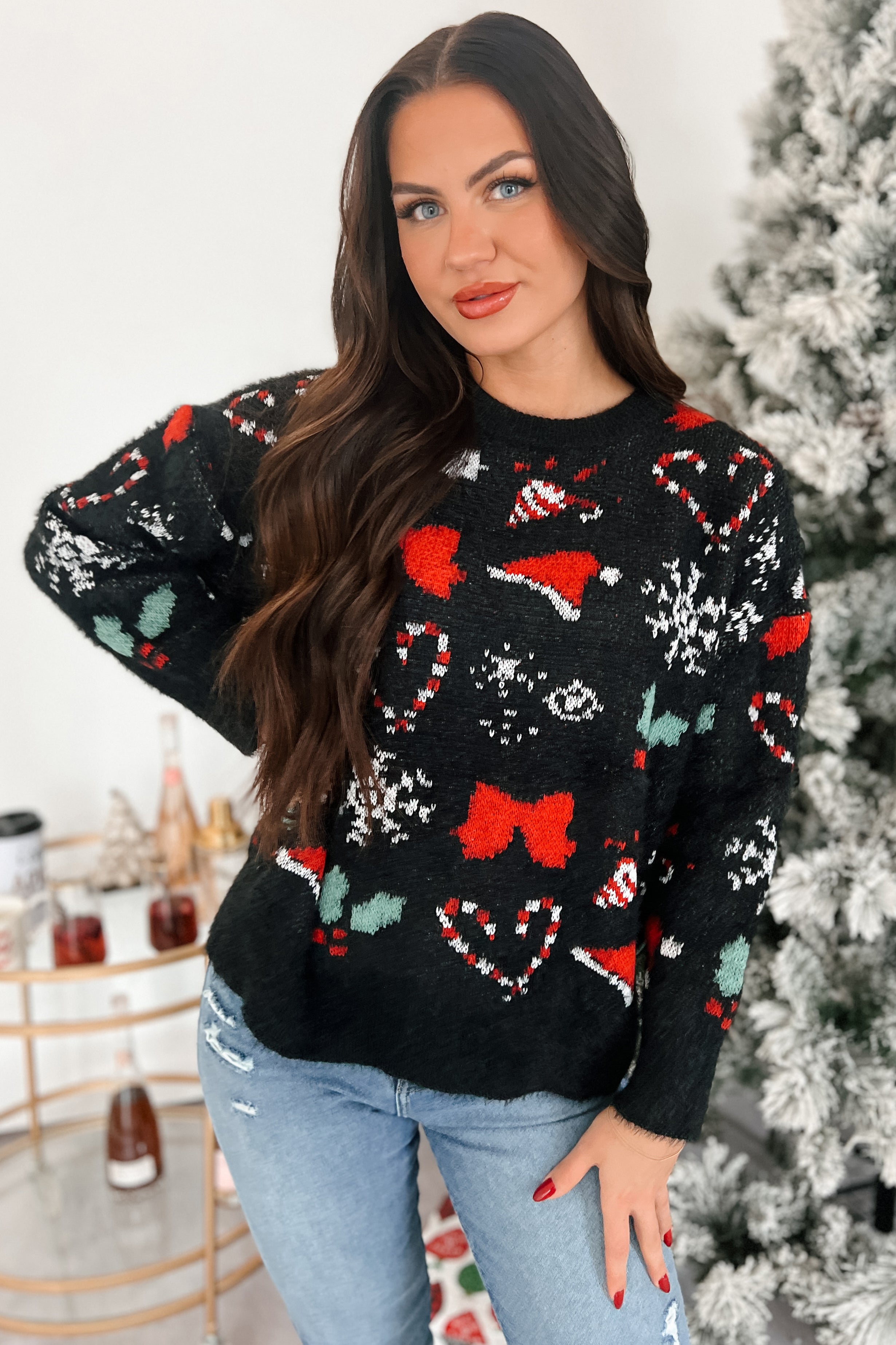 Just Christmas Things Oversized Holiday Sweater (Black Multi) - NanaMacs