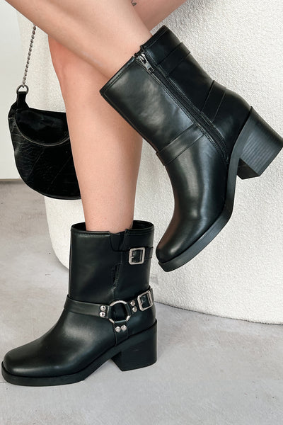 Tough As Nails Buckle Strap Chunky Biker Booties (Black) - NanaMacs