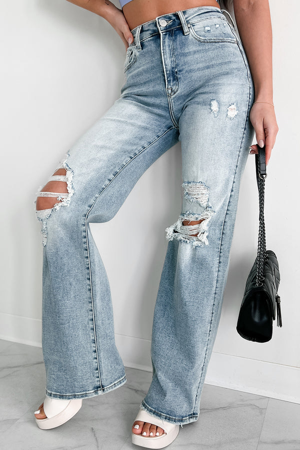 Kam High Rise Distressed Straight Leg Jeans (Light) - NanaMacs