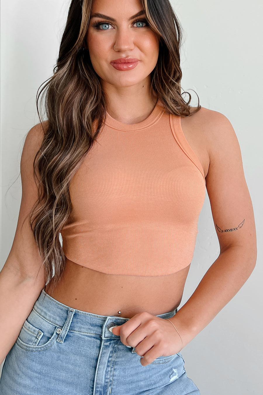 Tempted By Fate Ribbed Racer Crop Tank (Apricot) - NanaMacs